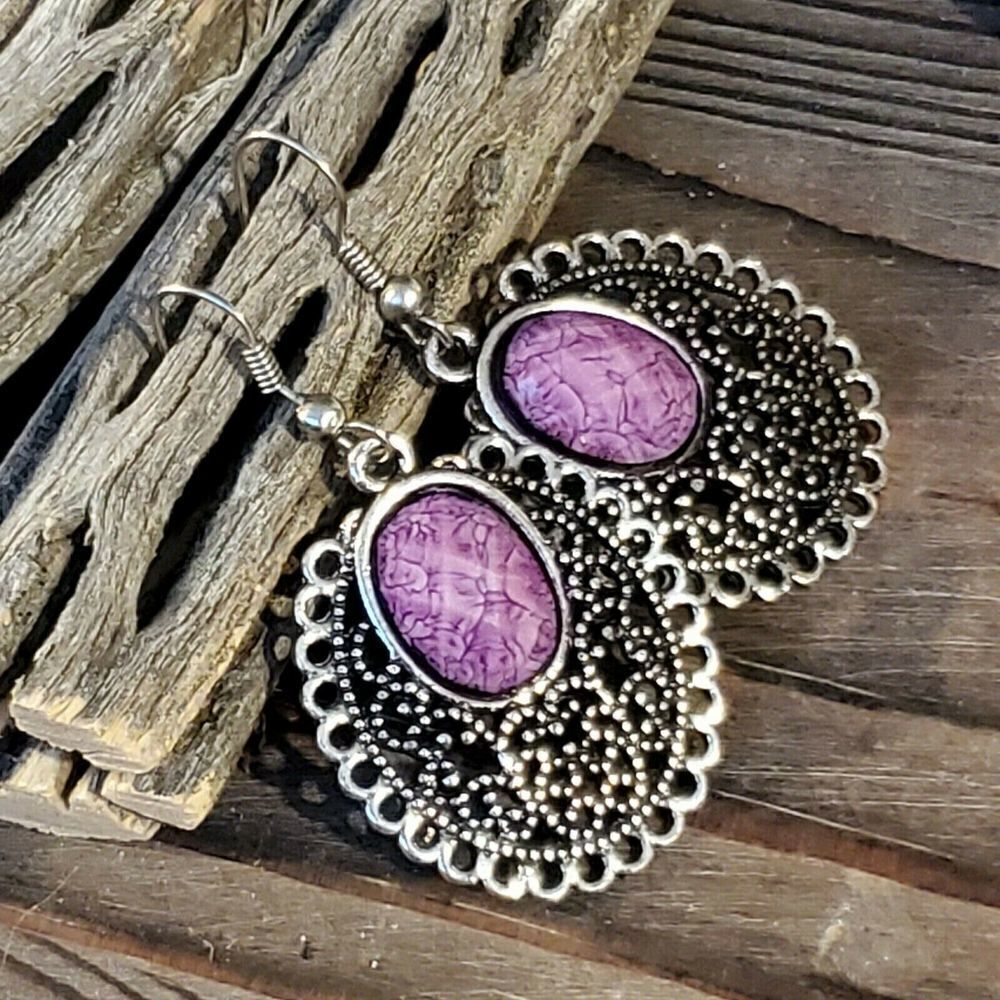 Vintage 90s Lacy Purple Antique Silver Acrylic Crystal Oval Earrings
